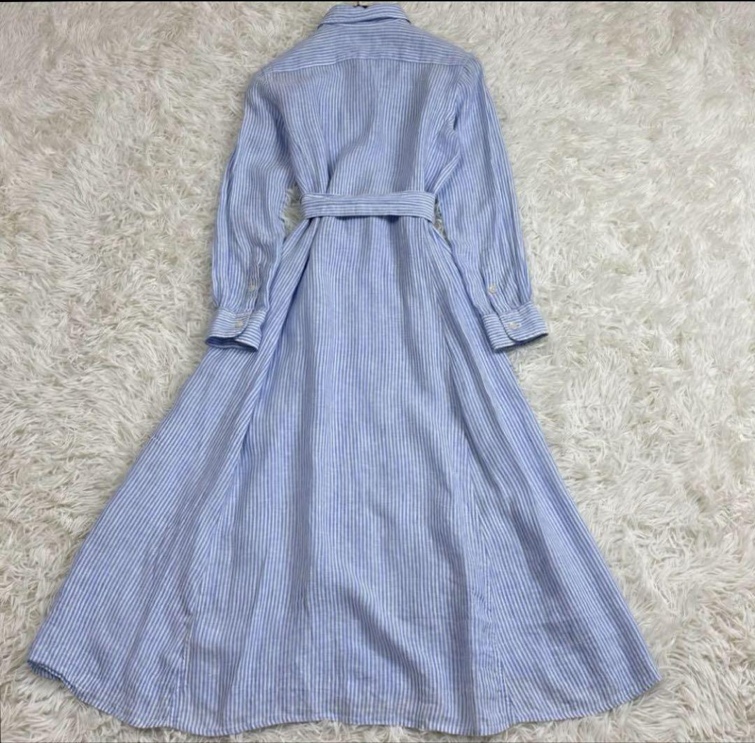 【美品】ラルフローレン シャツワンピース ストライプ ベルト リボン ロング M 美品】ラルフローレン シャツワンピース ストライプ ベルト