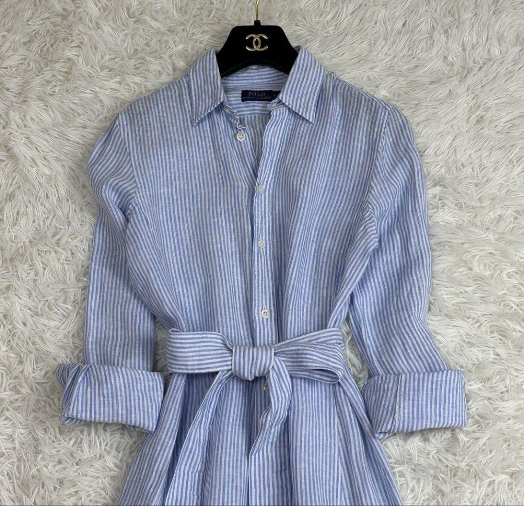 【美品】ラルフローレン シャツワンピース ストライプ ベルト リボン ロング M 美品】ラルフローレン シャツワンピース ストライプ ベルト