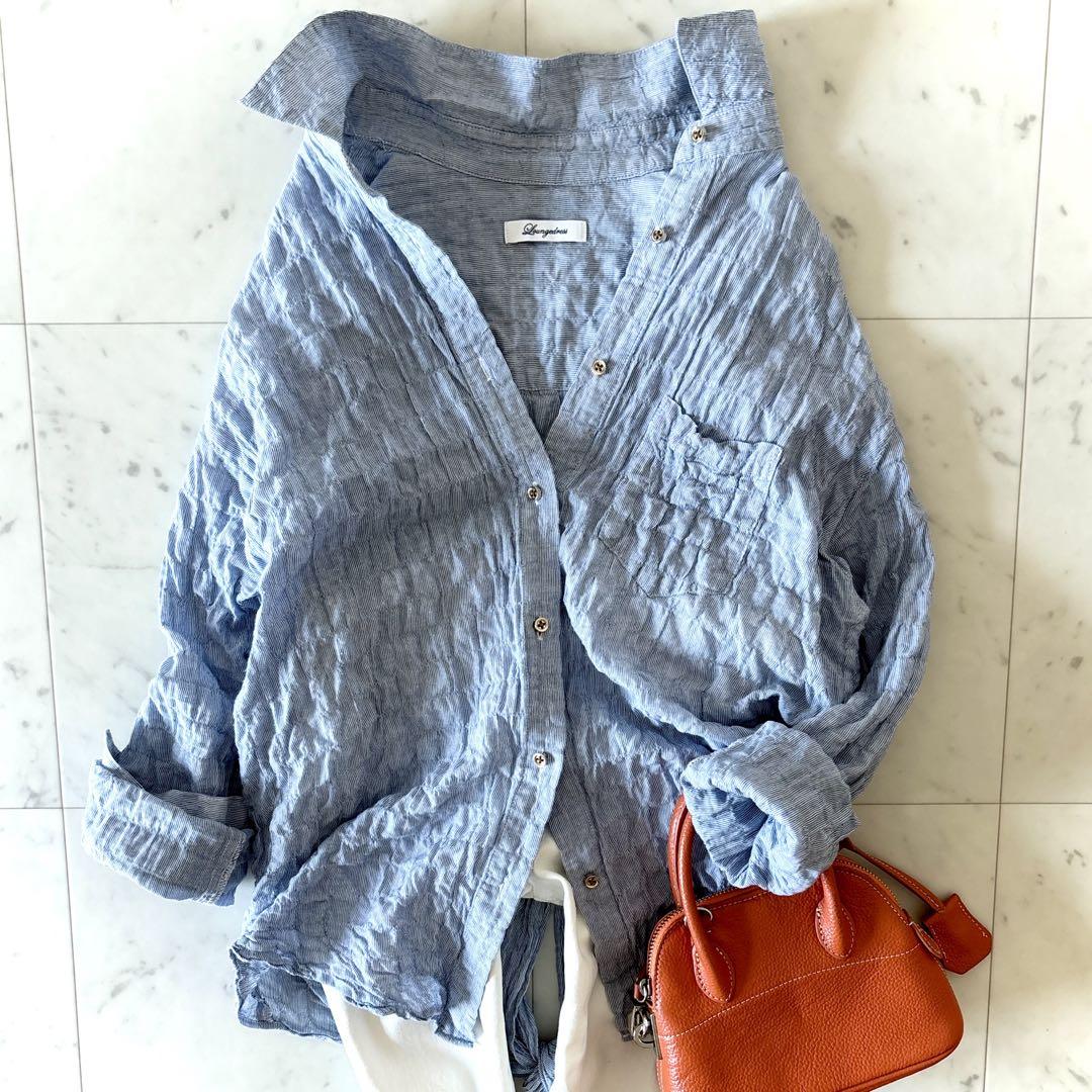 美品 ラウンジドレス シワ加工 コットストライプシャツ ノットデザイン ブルー