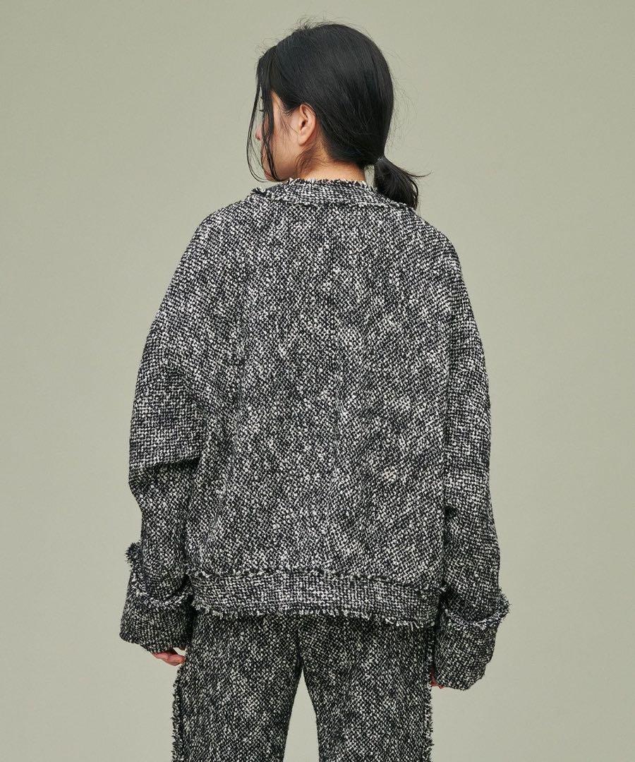 金子綾×uncrave WHITE コラボ　ノーカラー ツイードジャケット　美品 金子綾×uncrave WHITE コラボ】ノーカラー ツイードジャケット