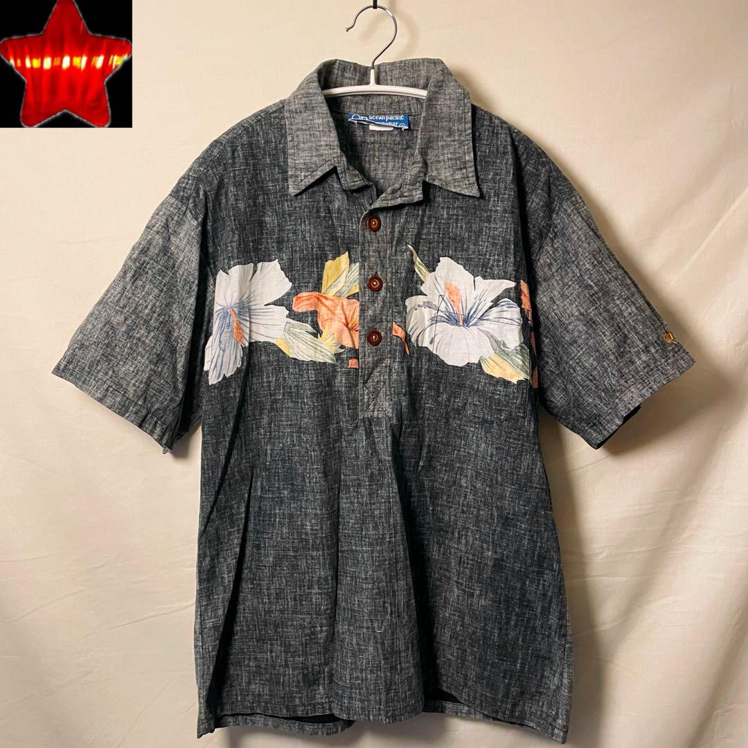 【70sヴィンテージ】アロハシャツ オーシャンパシフィック 花柄 M グレー