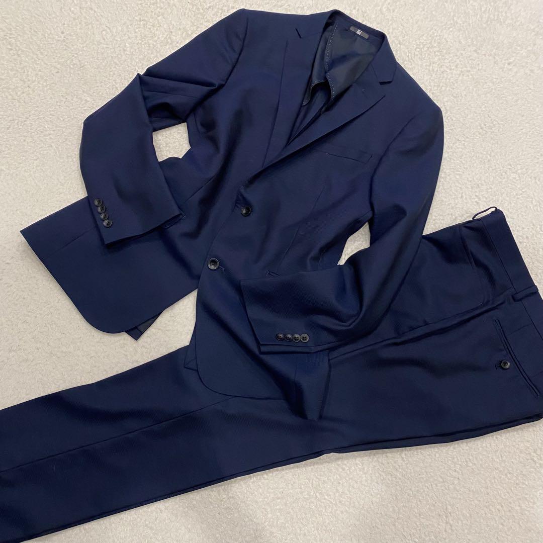 【美品】SUIT SELECT チェック柄　セットアップスーツ ネイビー　L