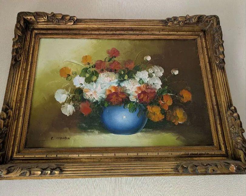 手書き油絵 花瓶の花 額付 絵画 インテリア 油彩画　サイン入り