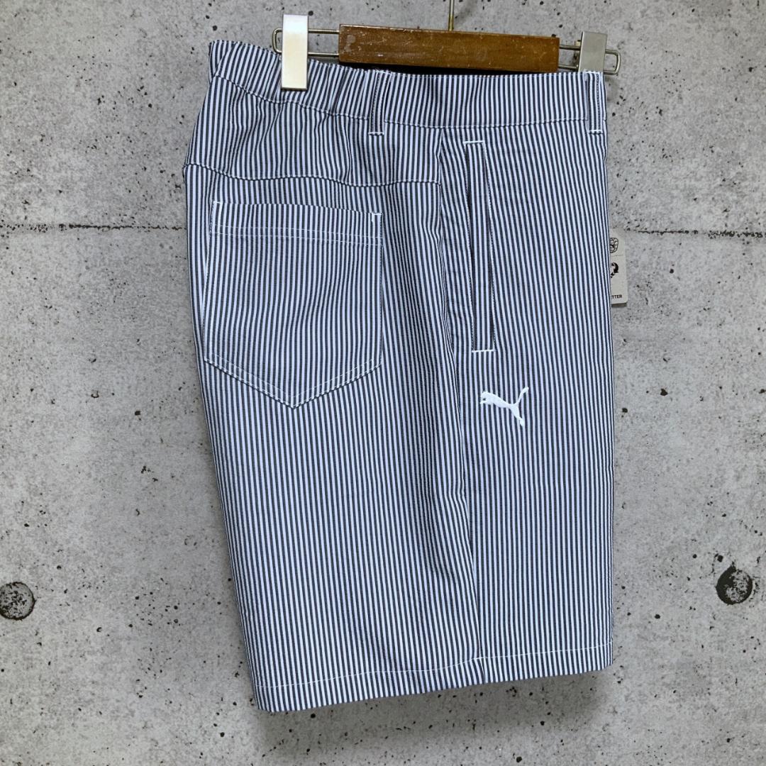 【L】プーマ ゴルフ PUMA GOLF P シアサッカー ショートパンツ 紺 送料無料 新品 PUMA GOLF フラッグプリント シアサッカー