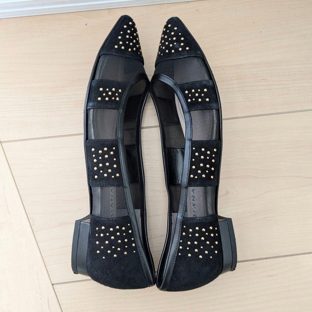 【美品】DIANAダイアナ／フラット パンプス スタッズ レース 23.5 黒