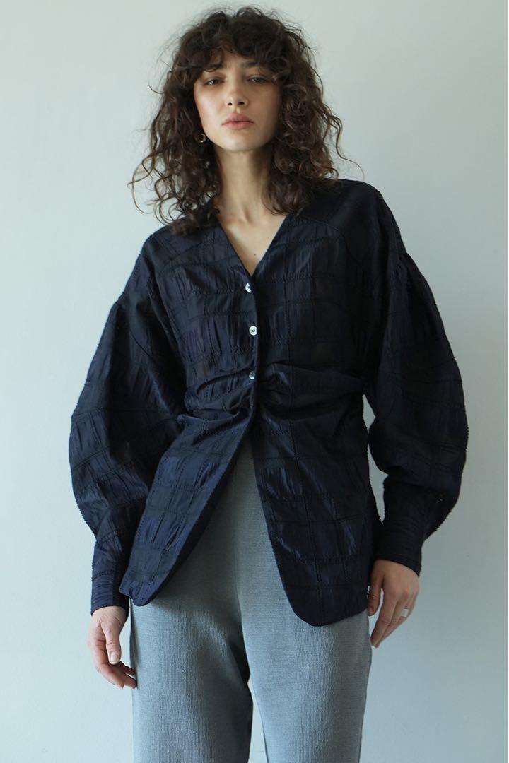 SHEER CHECK TUCK WAIST BLOUSE　CLANE
