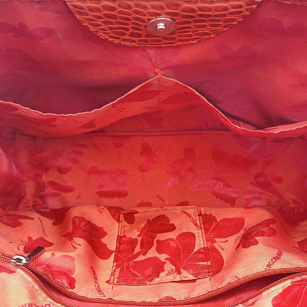 美品 Longchamp ロンシャン ハンドバッグ クロコ型押し レッド