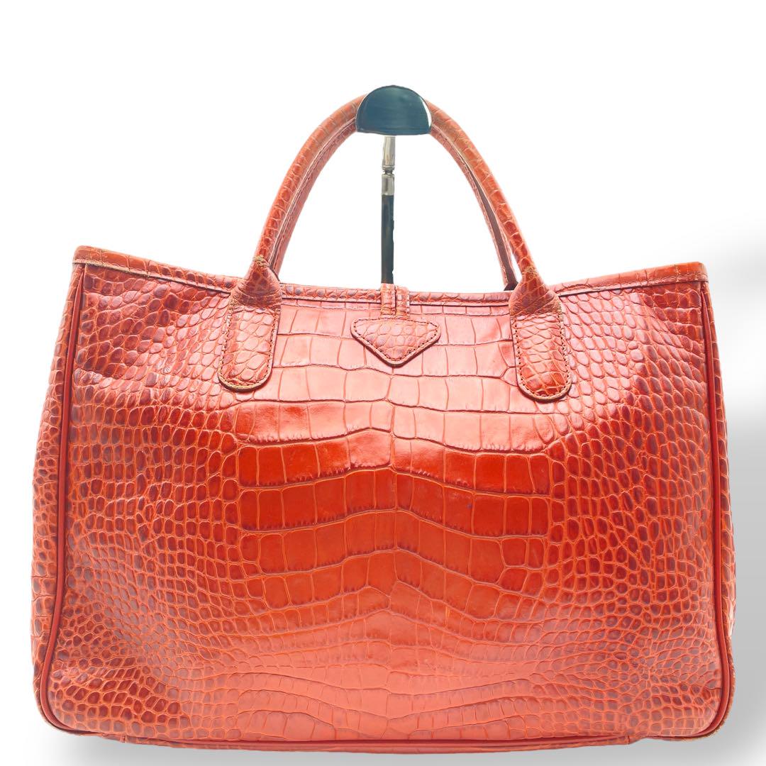 美品 Longchamp ロンシャン ハンドバッグ クロコ型押し レッド
