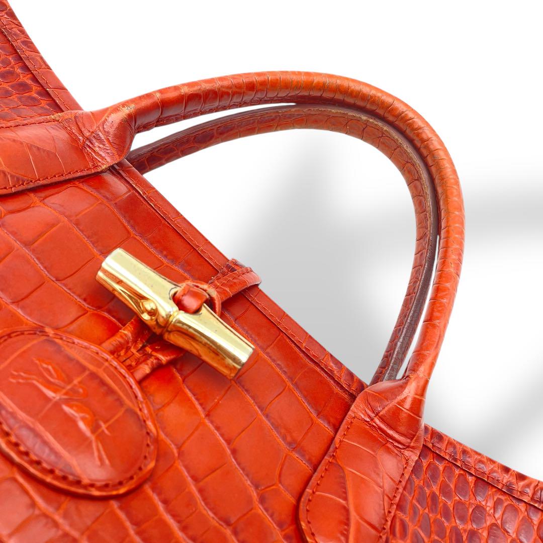 美品 Longchamp ロンシャン ハンドバッグ クロコ型押し レッド