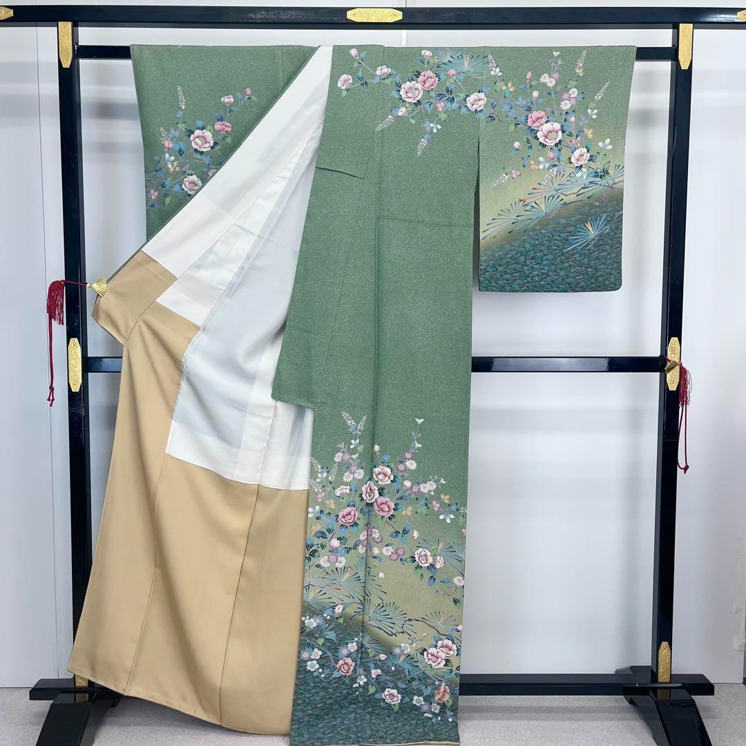 訪問着 友禅 美しい花模様 松葉 金彩 暈し 灰緑色 K-3998 訪問着 友禅 美しい花模様 松葉 金彩 暈し 灰緑色 K-3998