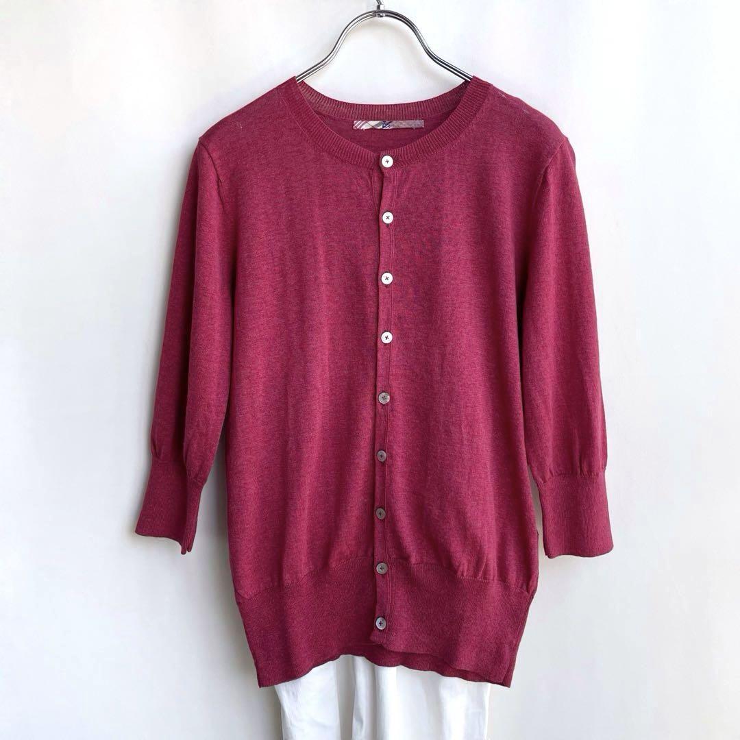 美品✨45R 綿100% クルーネックカーディガン　五分袖　チェリーレッド　2