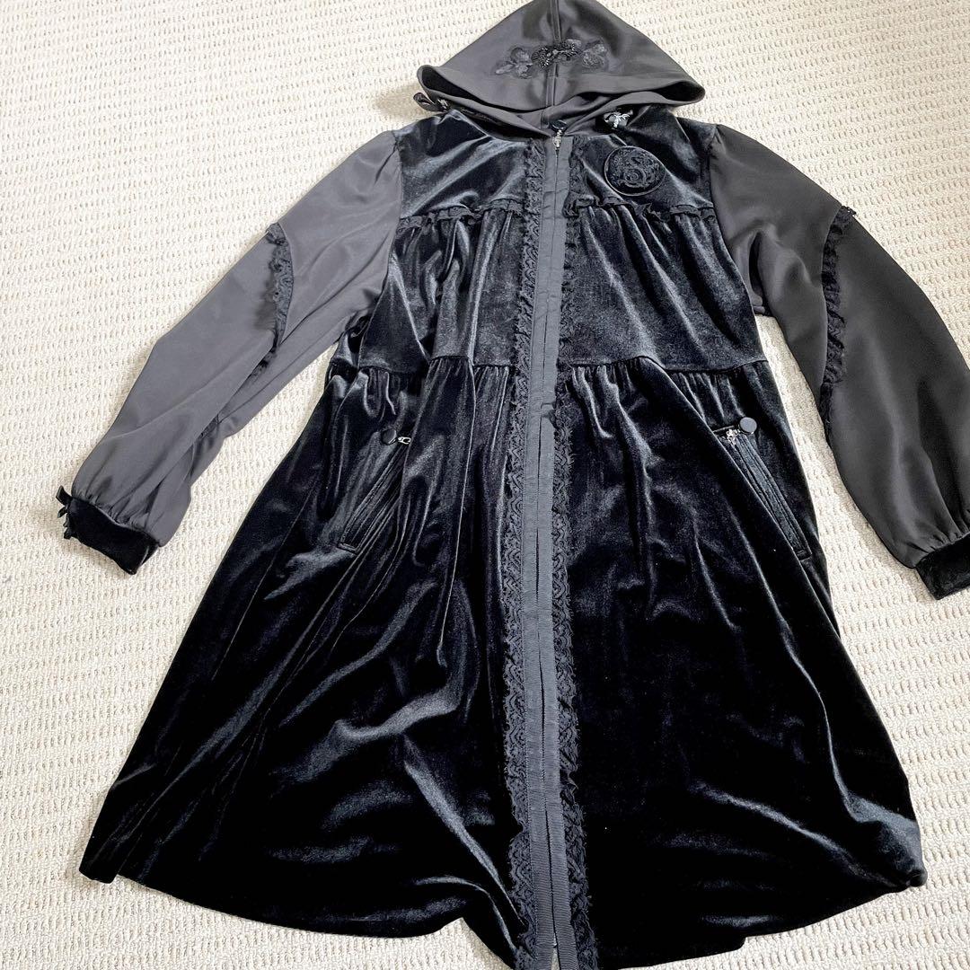 スーパービューティ チュニック フーディ ベロア フロントファスナー 黒 スーパービューティ チュニック フーディ ベロア フロント