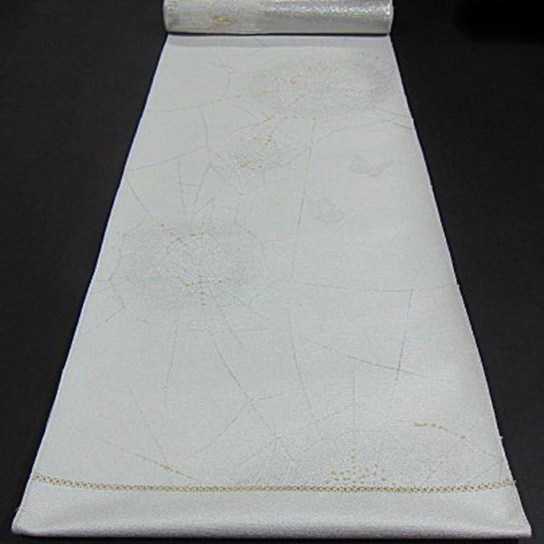 新品　西陣織六通柄丸巻袋帯【綿芯御仕立付】白地　蜘蛛の巣　縁起の良い柄