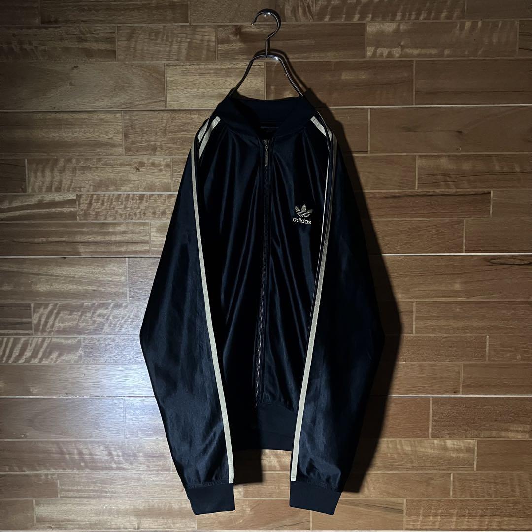 adidas トラックジャケット　ジャージ　光沢　ラグラン　黒　ゴールド　XL程