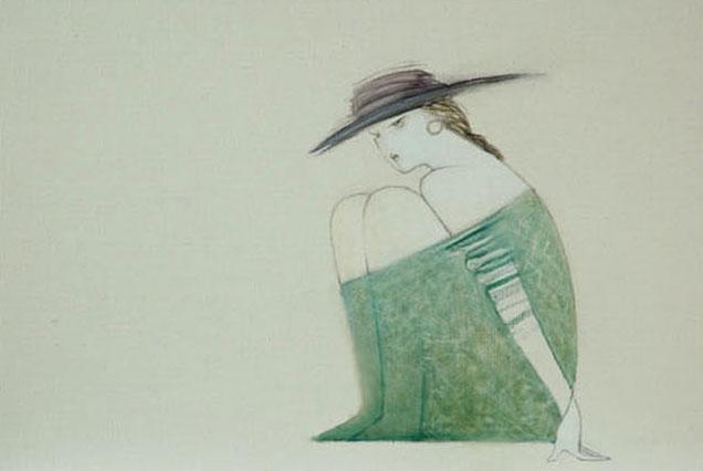 絵画　額付 ( 青緑＋金色の枠) 油絵 F4-072012　私の愛しい女たち