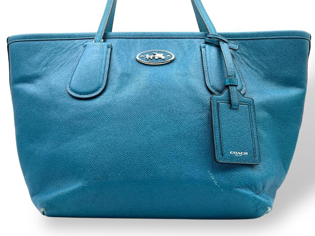 COACH コーチ レザー トートバッグ 馬車ロゴ チャーム ブルー