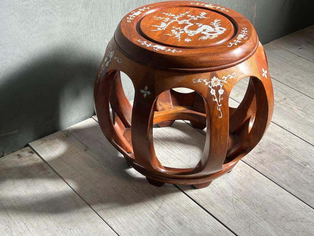 【美品】花梨 無垢 螺鈿細工 丸椅子 スツール 腰掛け 中国美術 工芸品 お得な特別割引価格） 美品】花梨 無垢 螺鈿細工 丸椅子