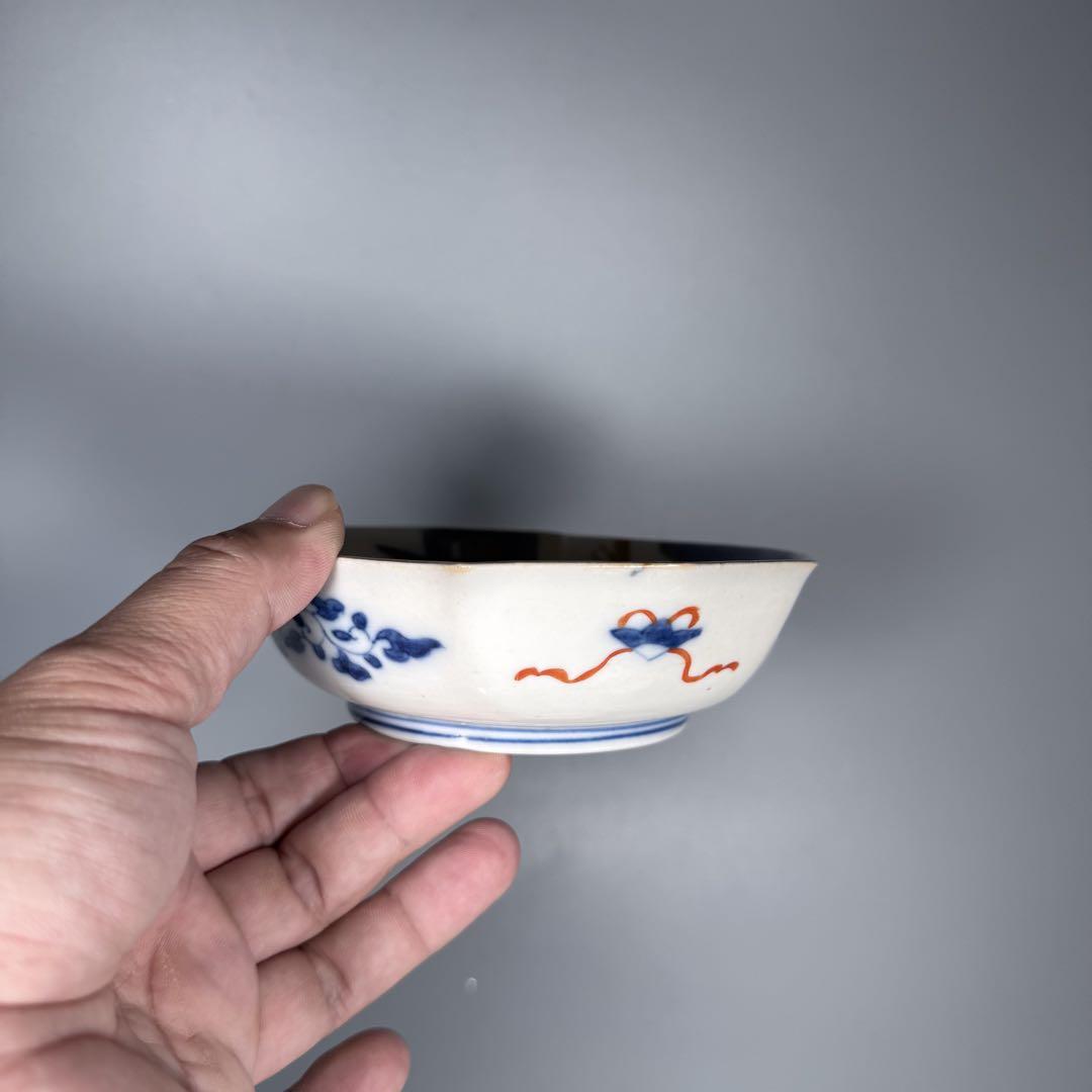 古伊万里 色絵菖蒲蝶文様舟形皿 変形皿 裏文様有り 五枚 料理屋