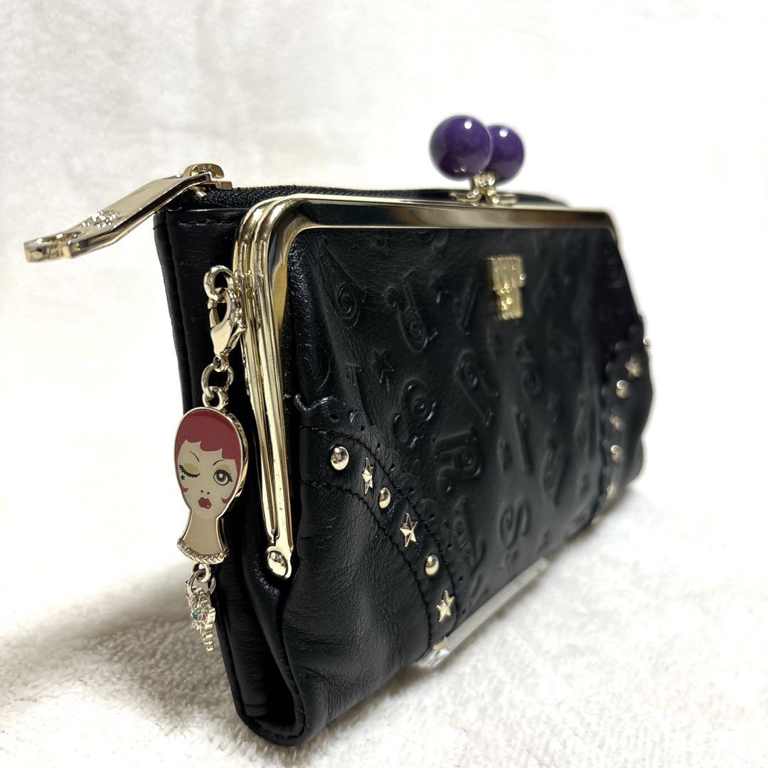 【美品】ANNA SUI アナスイ　がま口 長財布　ドールスタッズ　レザー　黒
