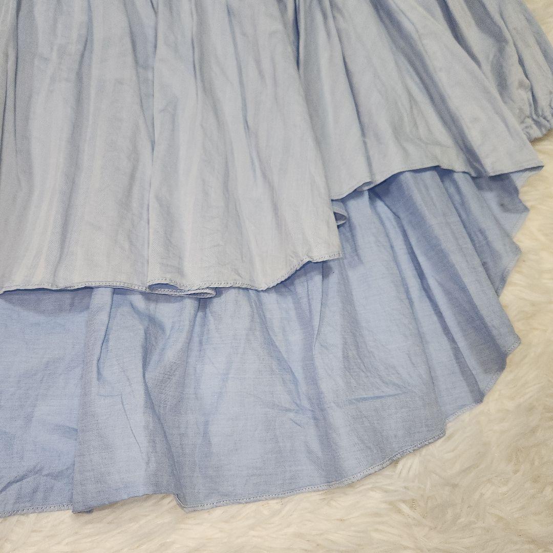 【極美品】ダブスタ　裾ギャザーフリルブラウス　水色　日本製　綿100%