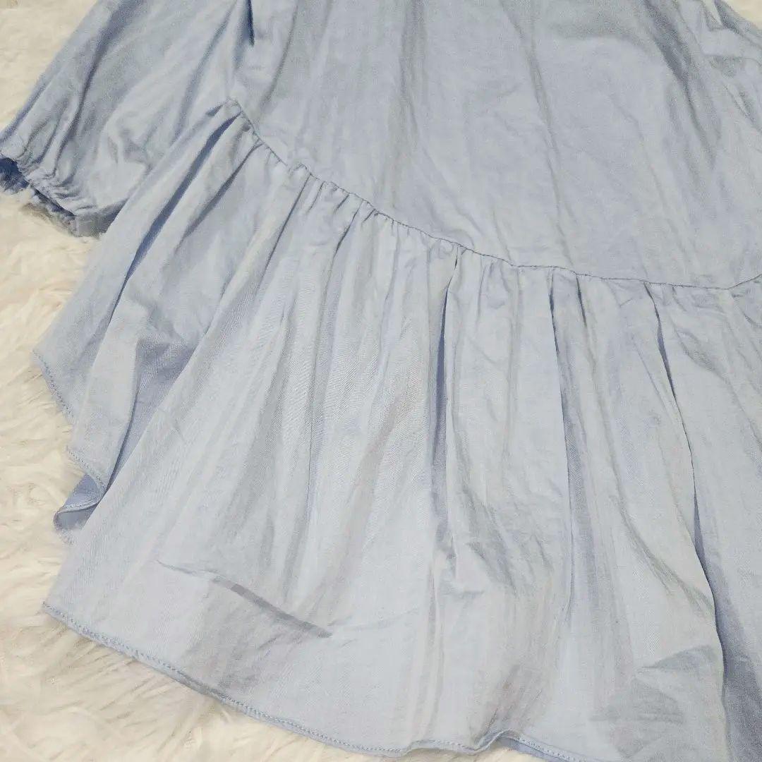 【極美品】ダブスタ　裾ギャザーフリルブラウス　水色　日本製　綿100%