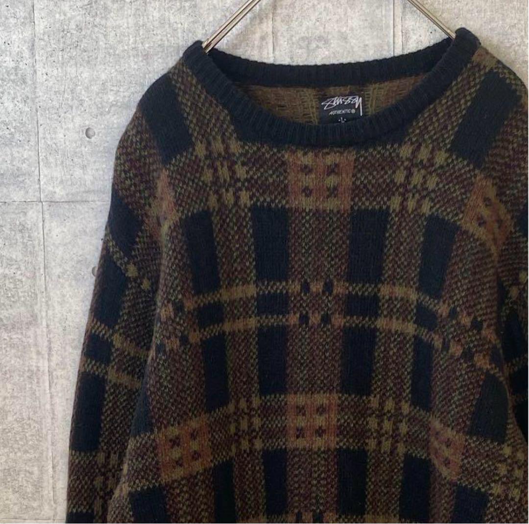 00s Stussy ウール ニット セーター グリーン ブラック チェック