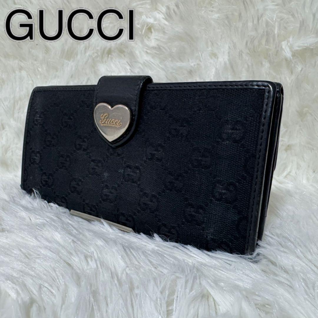 グッチ GGキャンバス 長財布 二つ折り ラブリーハート Wホック金具 ブラック
