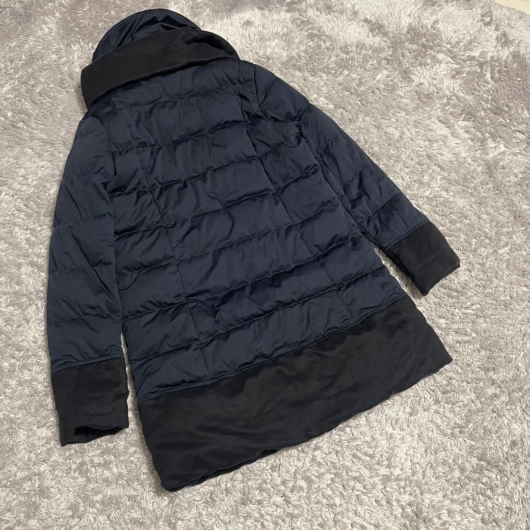 yosoou ダウンコート　2 ネイビー　総柄　スウェード切替 ショールカラー