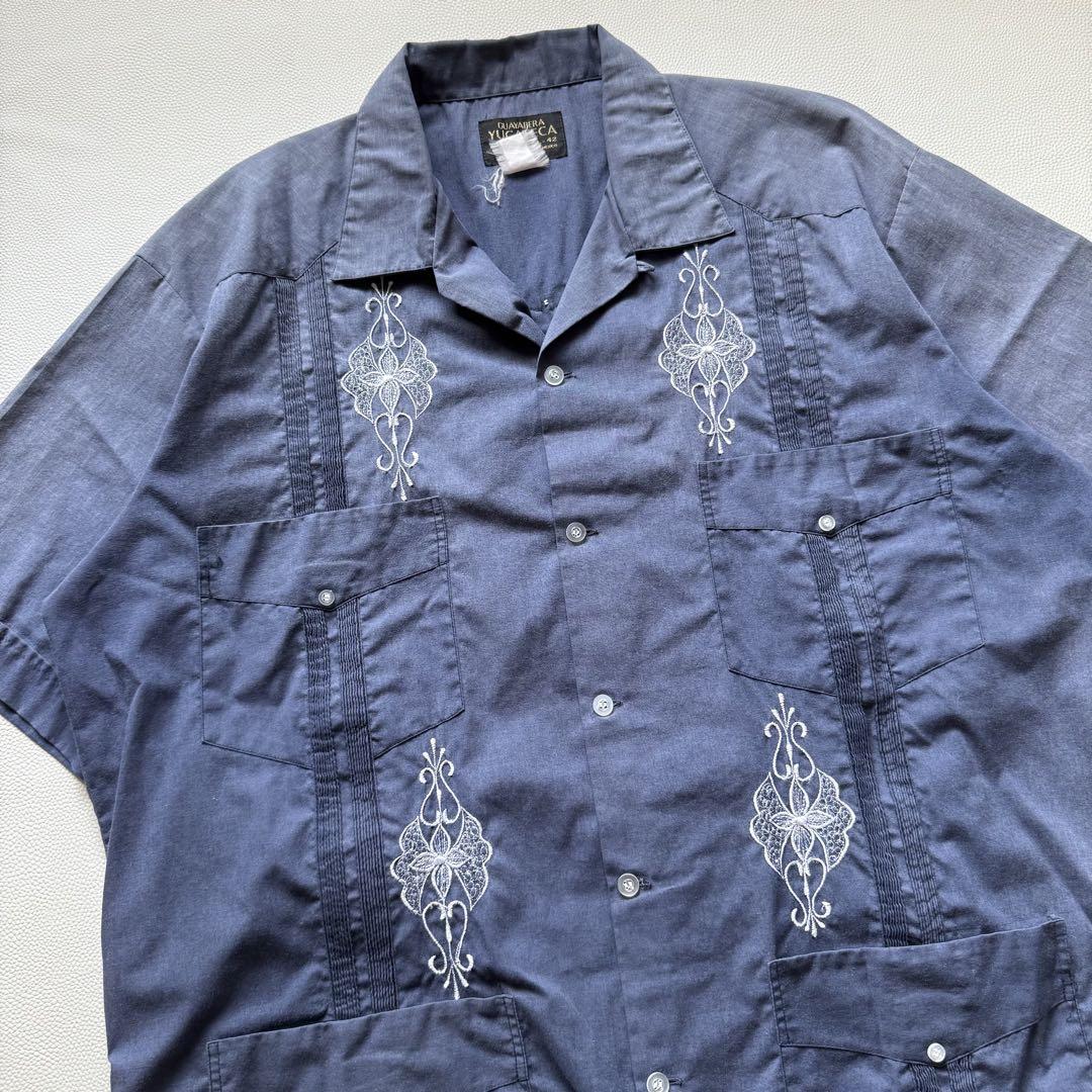 80s 90s YUCATECA フェードネイビー 半袖キューバシャツ