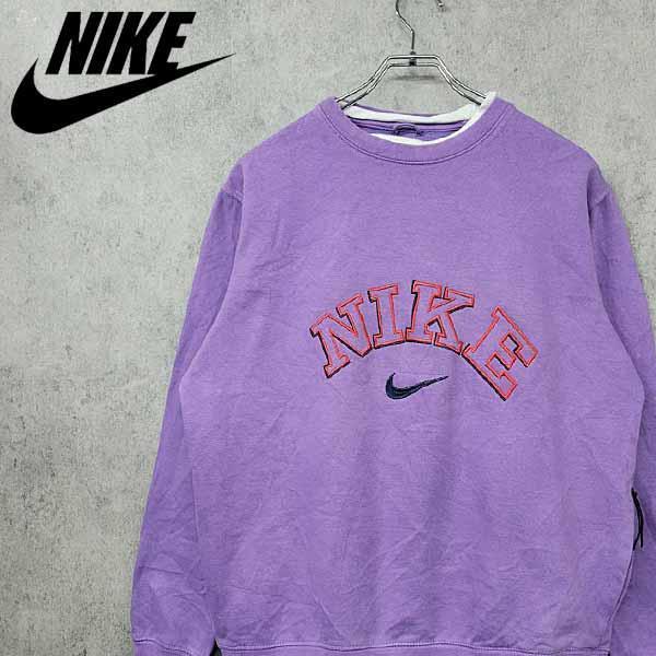 90s ナイキ NIKE 希少 刺繍 ビッグロゴ スウェット パープル L 古着