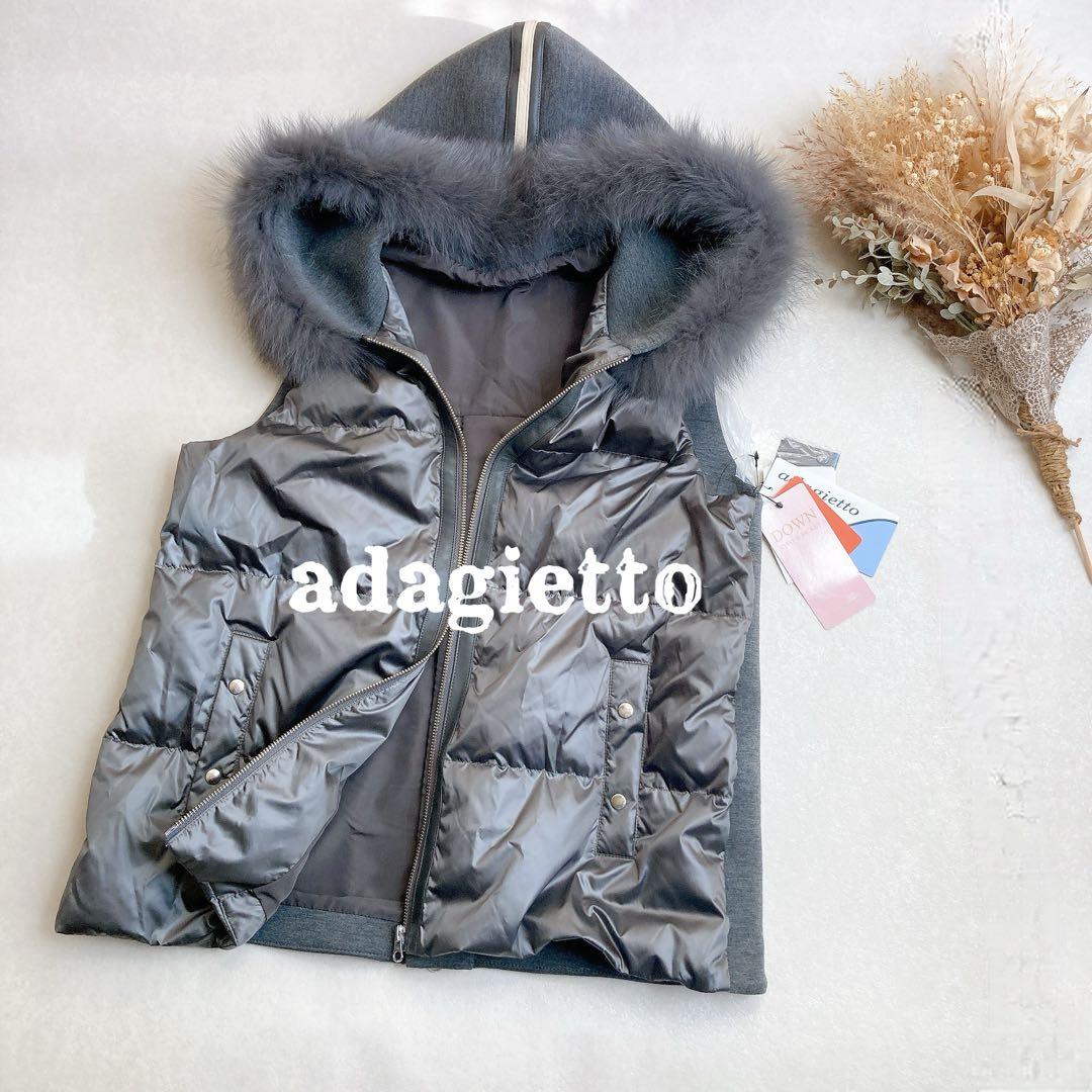 フード付きダウンベスト 異素材切替 ブルーフォックスファー グレーL