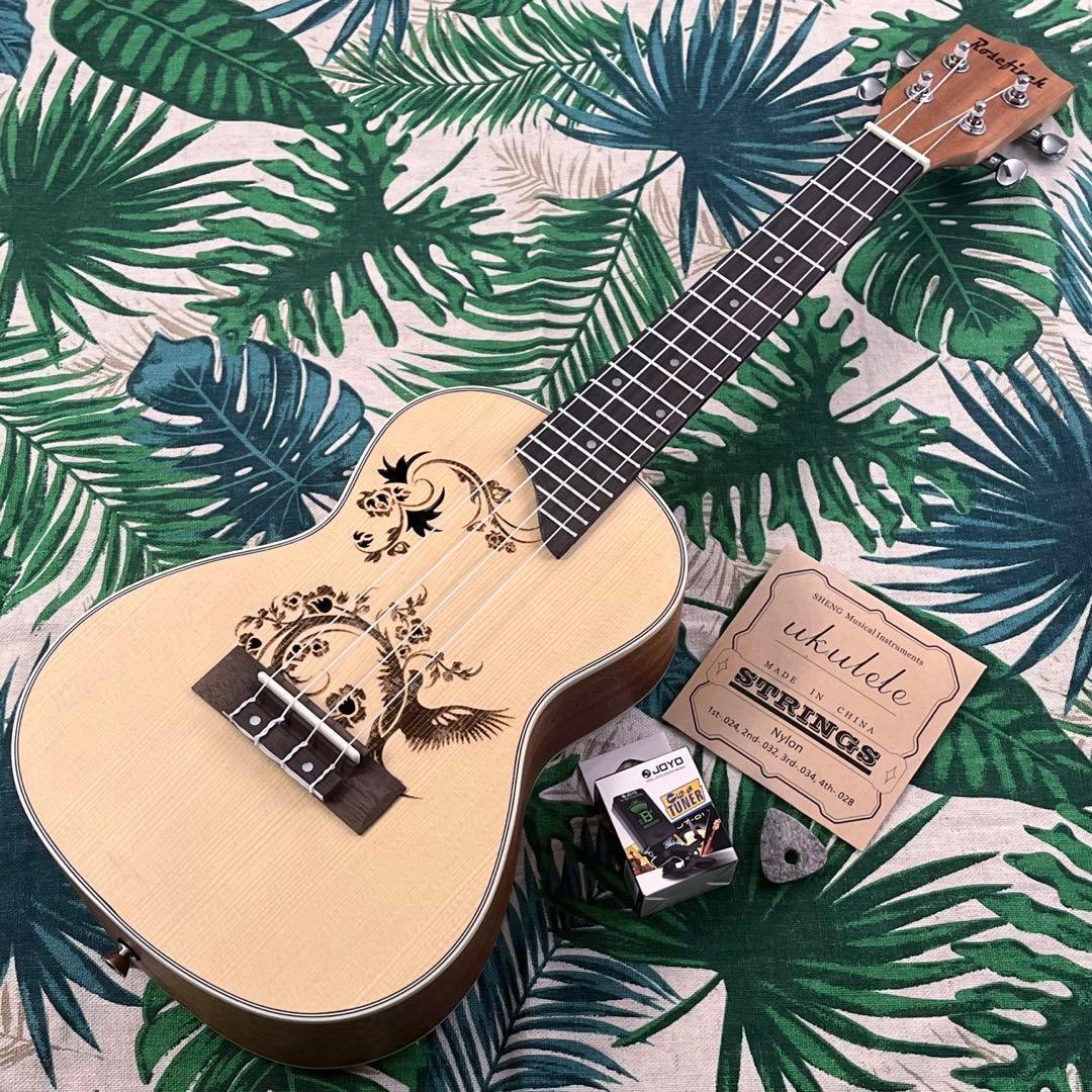 【オープニング大セール】 入門セット】RoseFinchスプルース材コンサートウクレレ 弦楽器