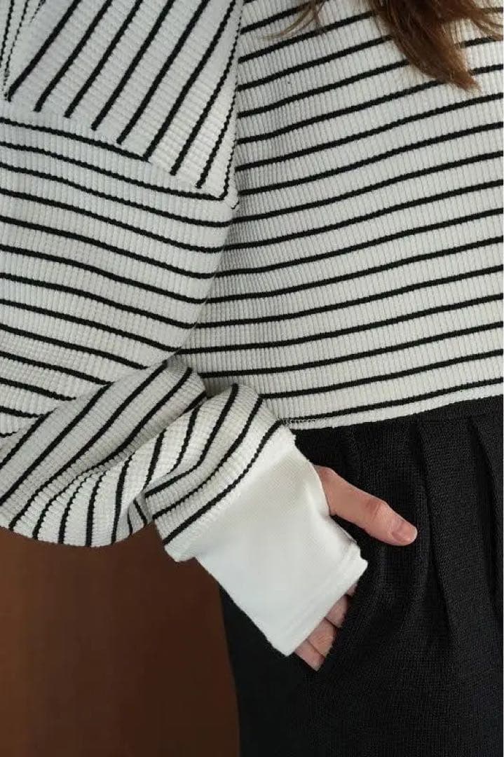 CLANE THERMAL CROPPED TOPS ボーダー ブラック