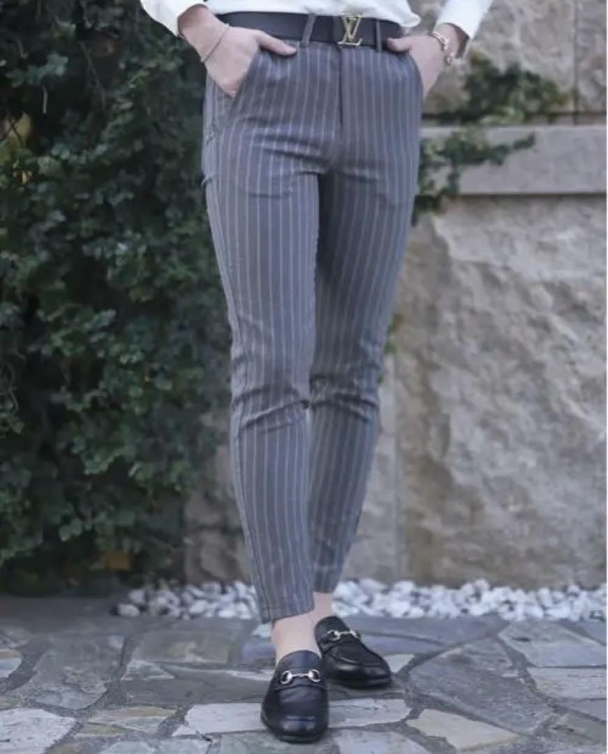 Premium stripe slacks gray【BB24013】