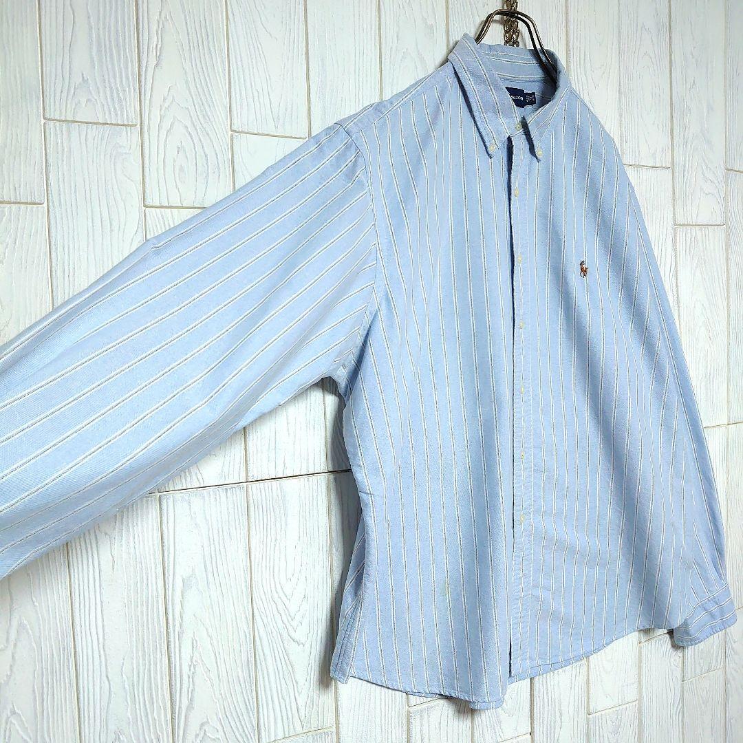 人気 ラルフローレン 長袖 シャツ 2XL相当 ブルー ストライプ 刺繍 古着 人気 ラルフローレン 長袖 シャツ 2XL相当 ブルー ストライプ 刺繍 古着