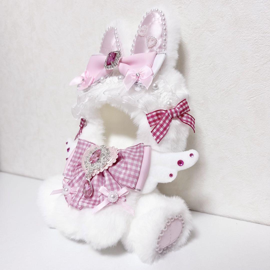 【約16cm 】手が動く♡肉球おすわりぬい服 ピンク×ホワイト垂れ耳うさぎ ♡ 16cm ぬい服 おすわり 着ぐるみ 猫耳 ピンク にじぬい