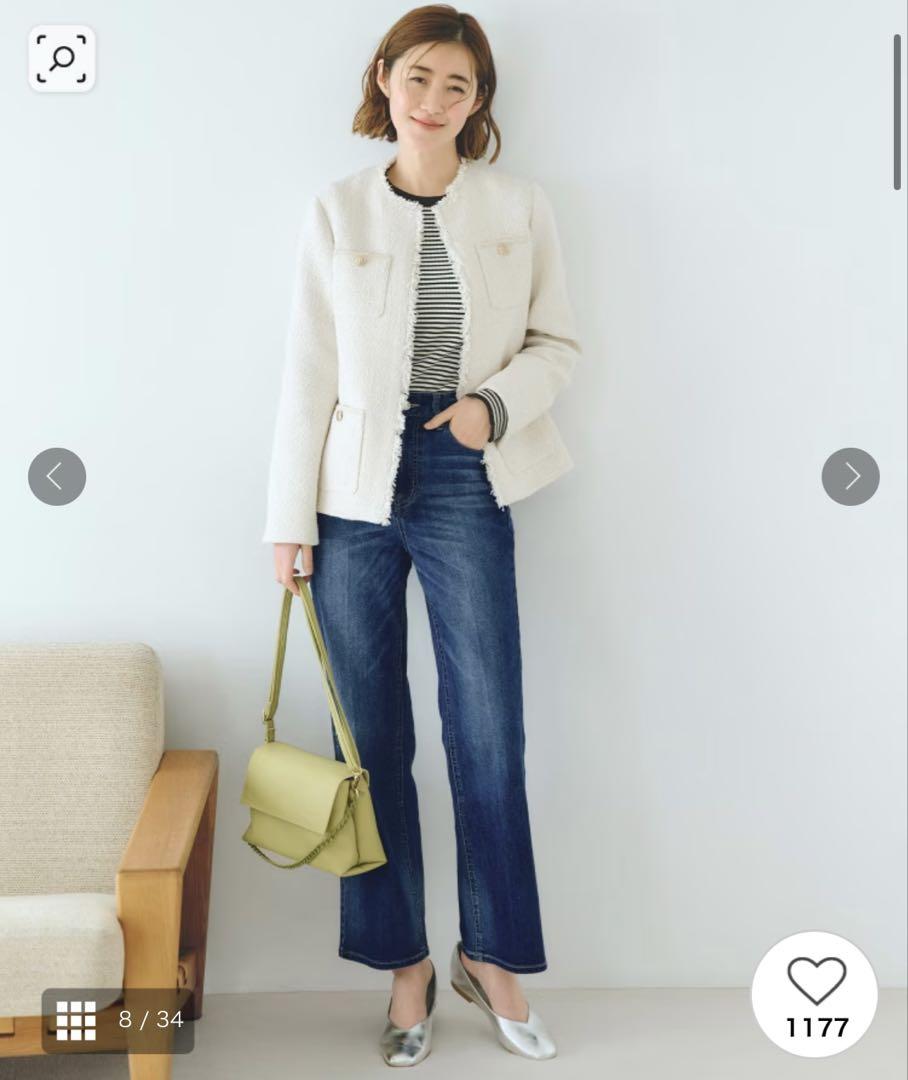 24AW grove フリンジツイードジャケット ノーカラー アイボリー L