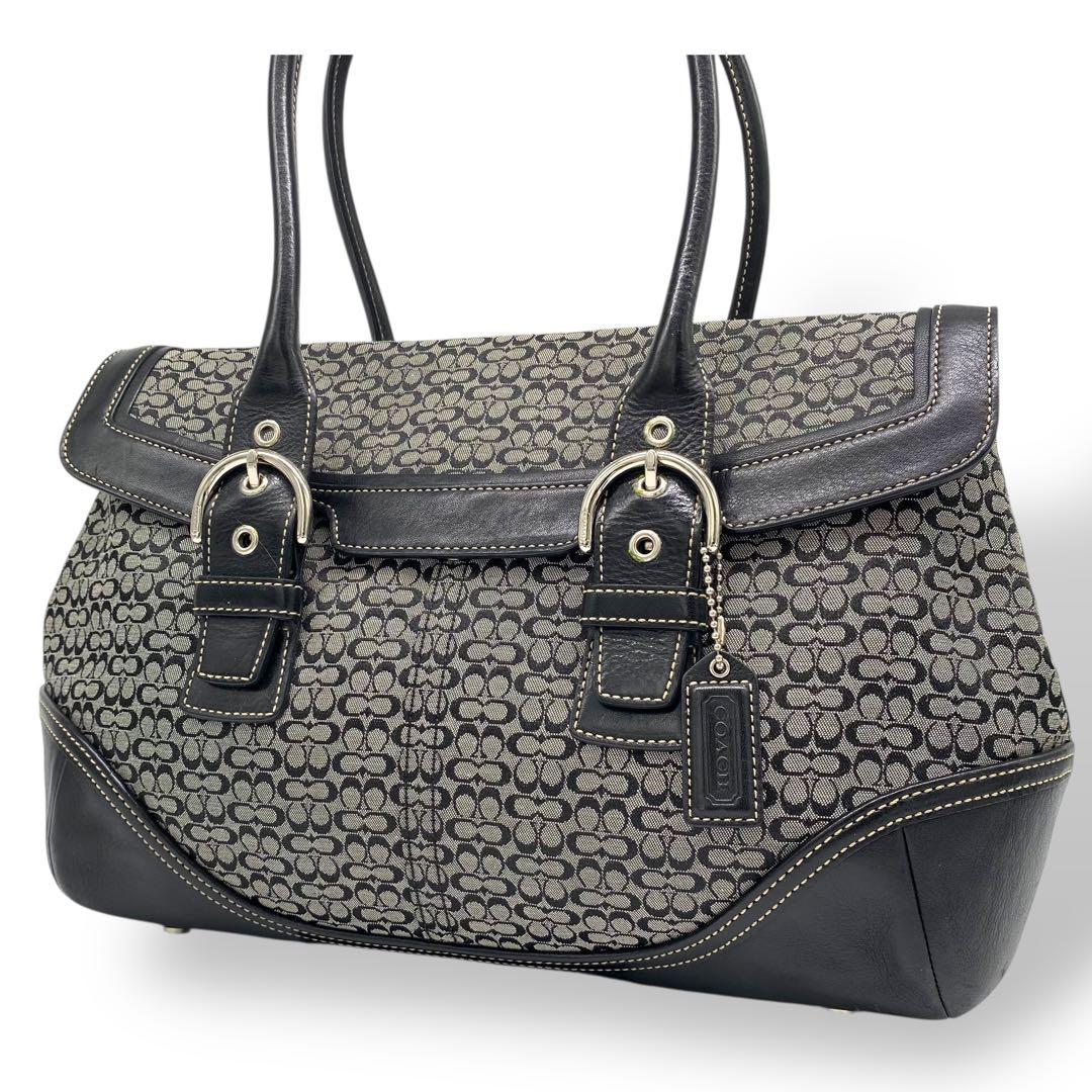 美品 コーチ トートバッグ ソーホー シグネチャー キャンバス レザー 黒