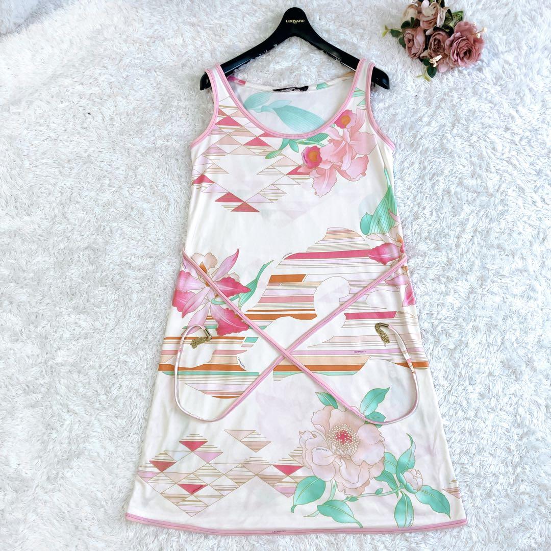 新入荷 美品✨レオナール ワンピース ベルト カンカン ラメ 花 ワンピース