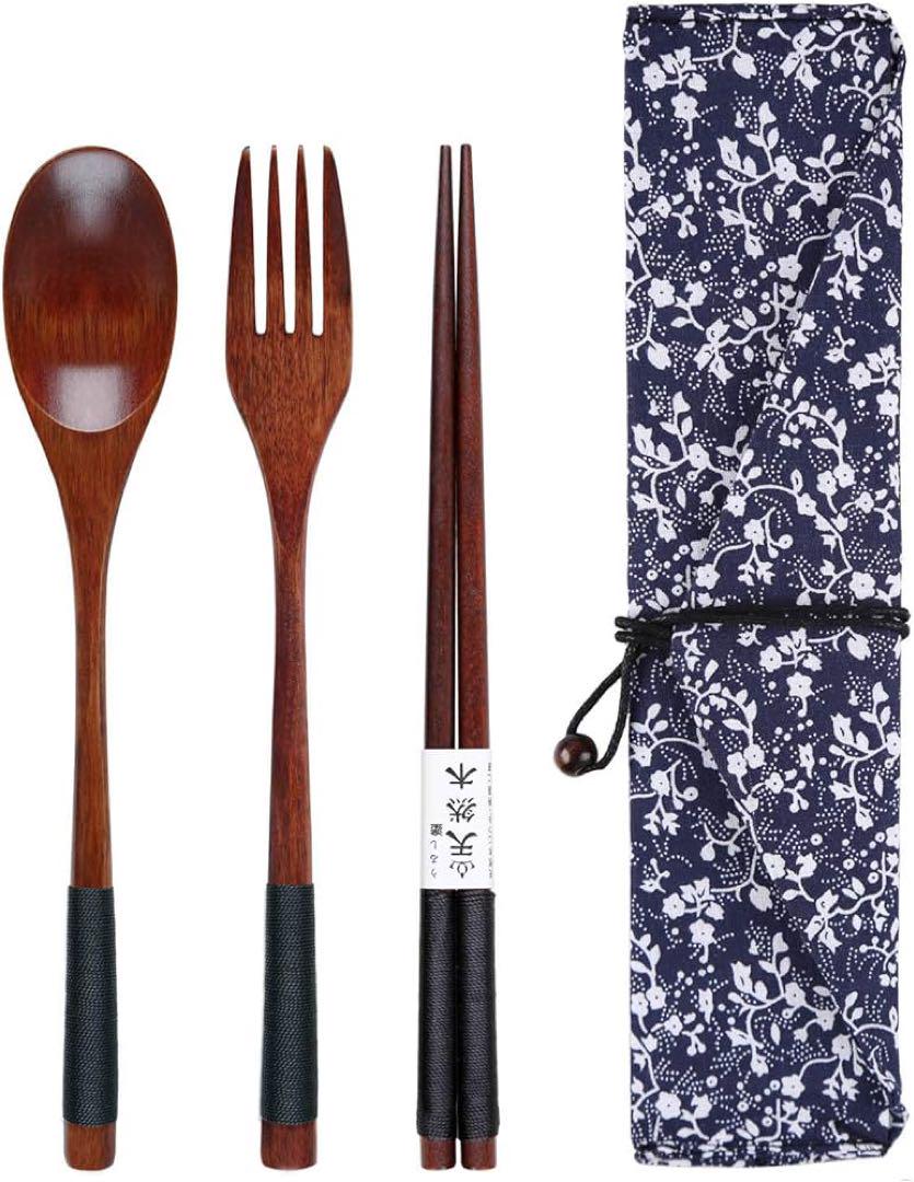 【1点限り】MERMOO 木製箸セット お弁当 箸 スプーン フォーク 箸袋付き