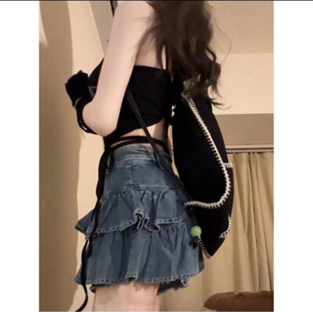 フランス発 Sandro フリルが可愛い ショート丈 デニム スカート チェックフリルデニムスカート（デニムスカート）｜TITTY&CO