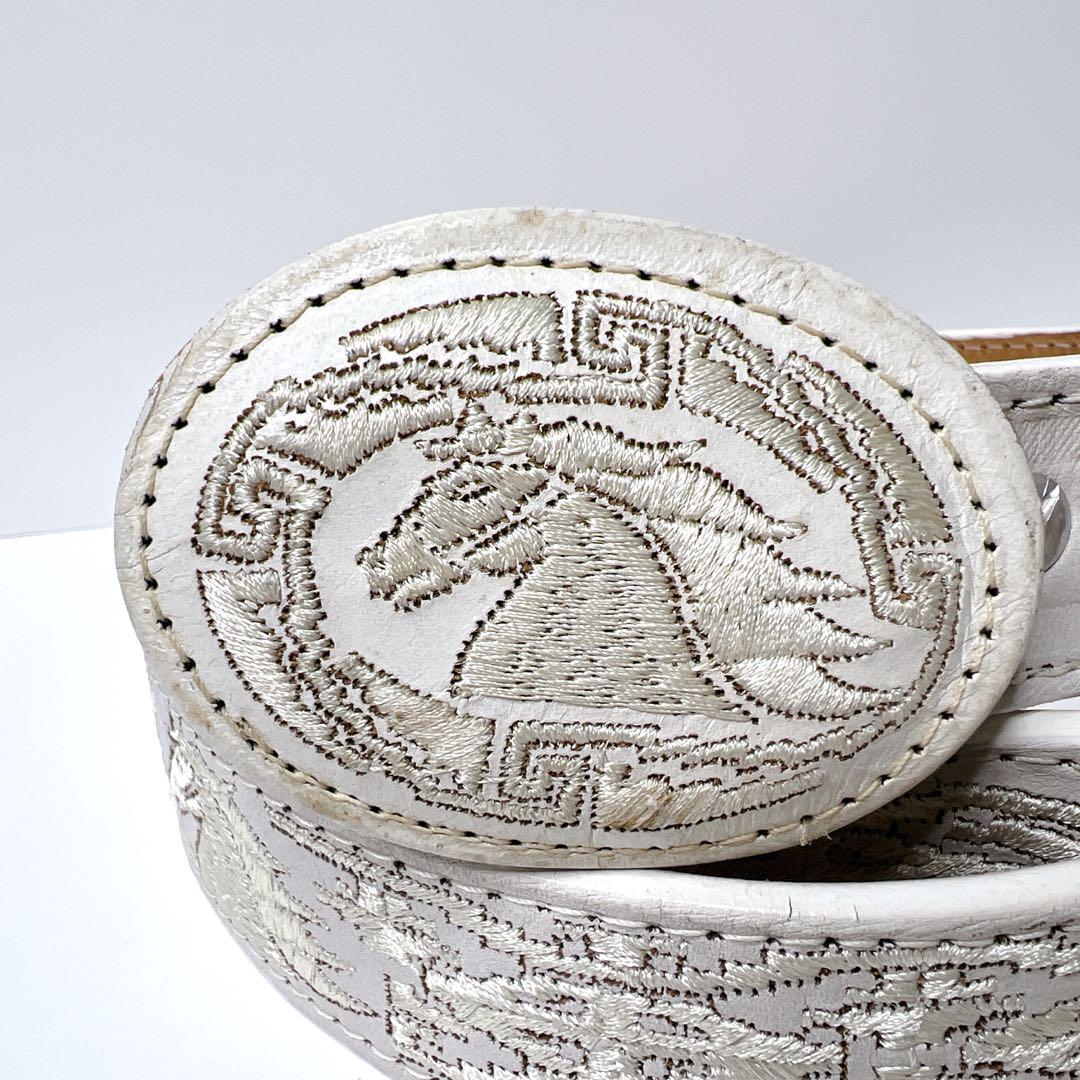 【ヴィンテージ】本革 レザー 刺繍 ウエスタンベルト バイカー バックル 白