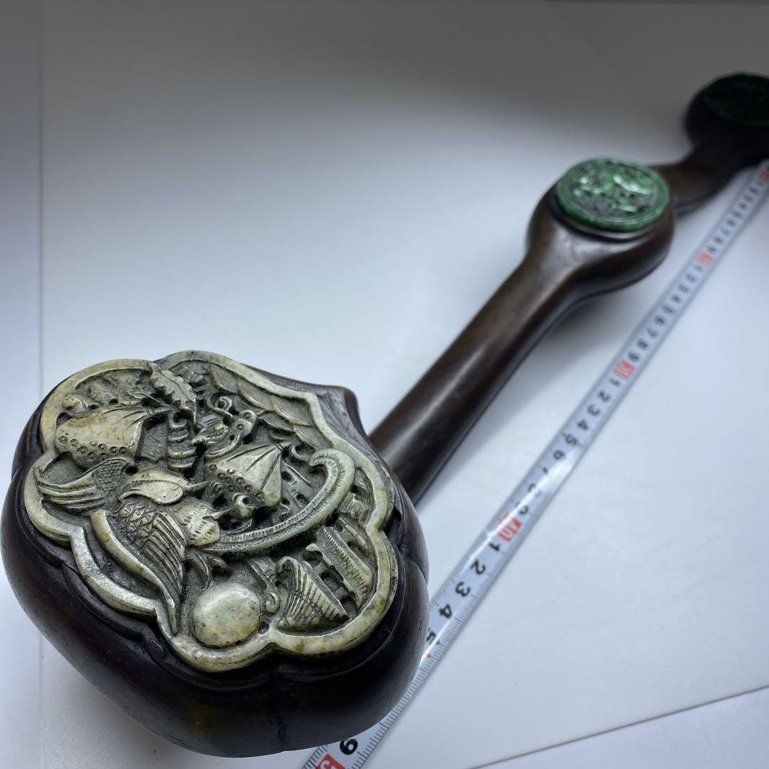 本翡翠入　唐木如意　箱付　712g/49㎝　東Y7-0210☆2Fタサオ