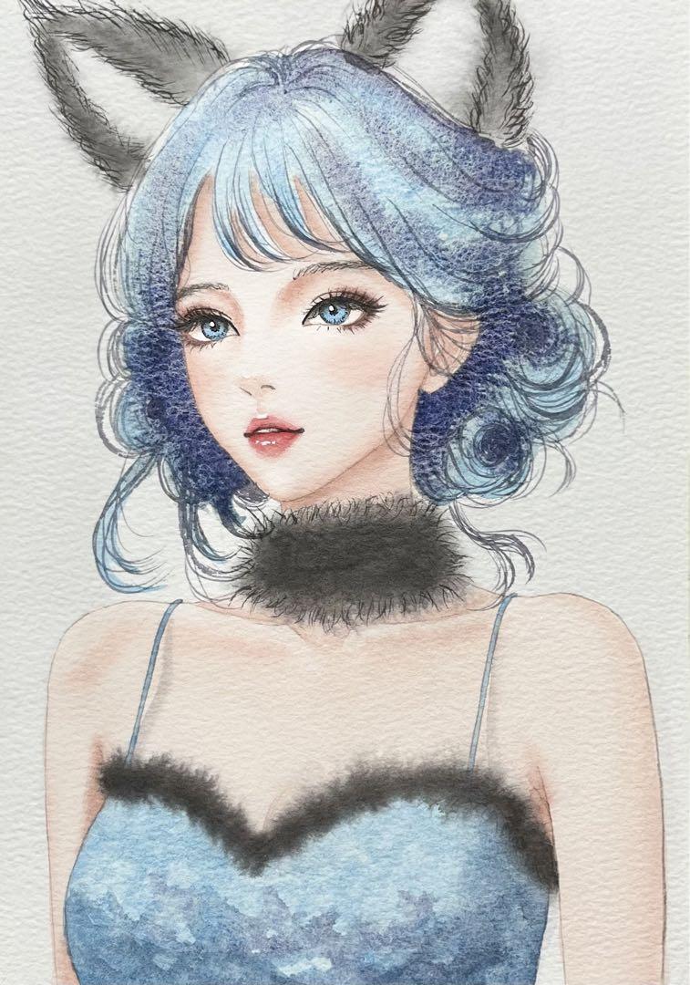 新発売の 手描きイラスト アート/写真 - キツネ耳の女の子 原画 水彩画 絵画