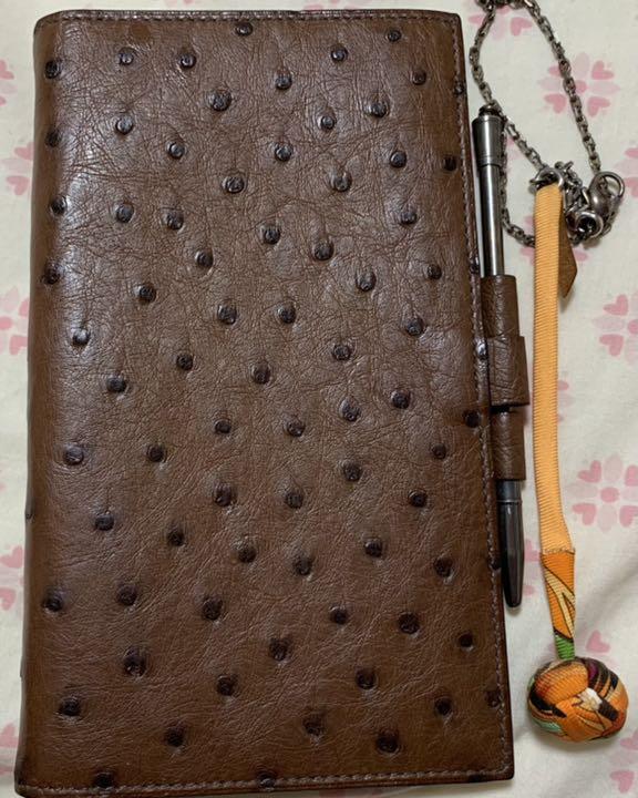 HERMES オーストリッチ 手帳カバー チャーム ペン 付き ヴィジョン