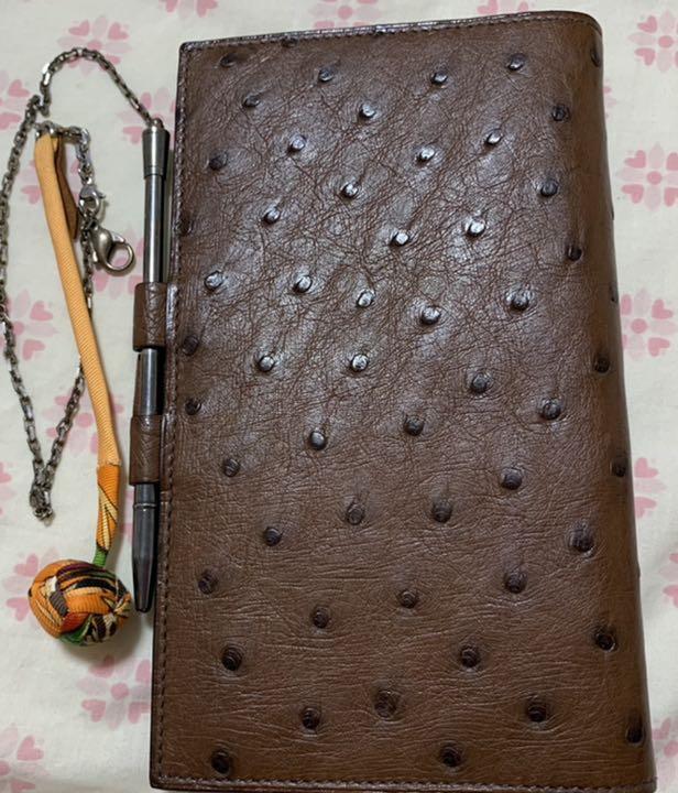 HERMES オーストリッチ 手帳カバー チャーム ペン 付き ヴィジョン