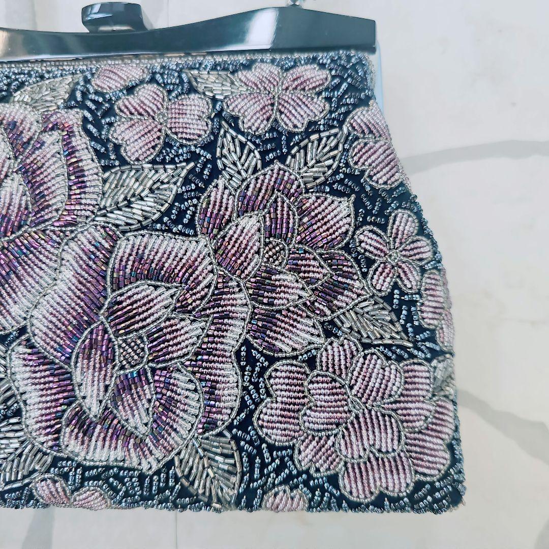【美品】和装バッグ　ビーズバッグ　がま口　総柄　昭和レトロ　花柄 4【素朴で可憐な花柄 総ビーズバック】和洋装兼用 和装バッグ
