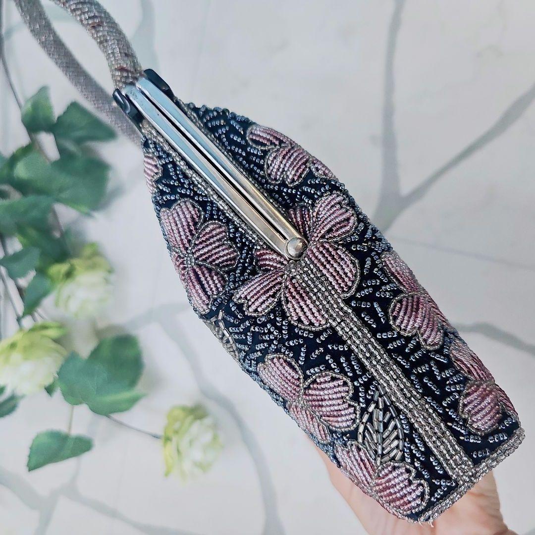 【美品】和装バッグ　ビーズバッグ　がま口　総柄　昭和レトロ　花柄 4【素朴で可憐な花柄 総ビーズバック】和洋装兼用 和装バッグ