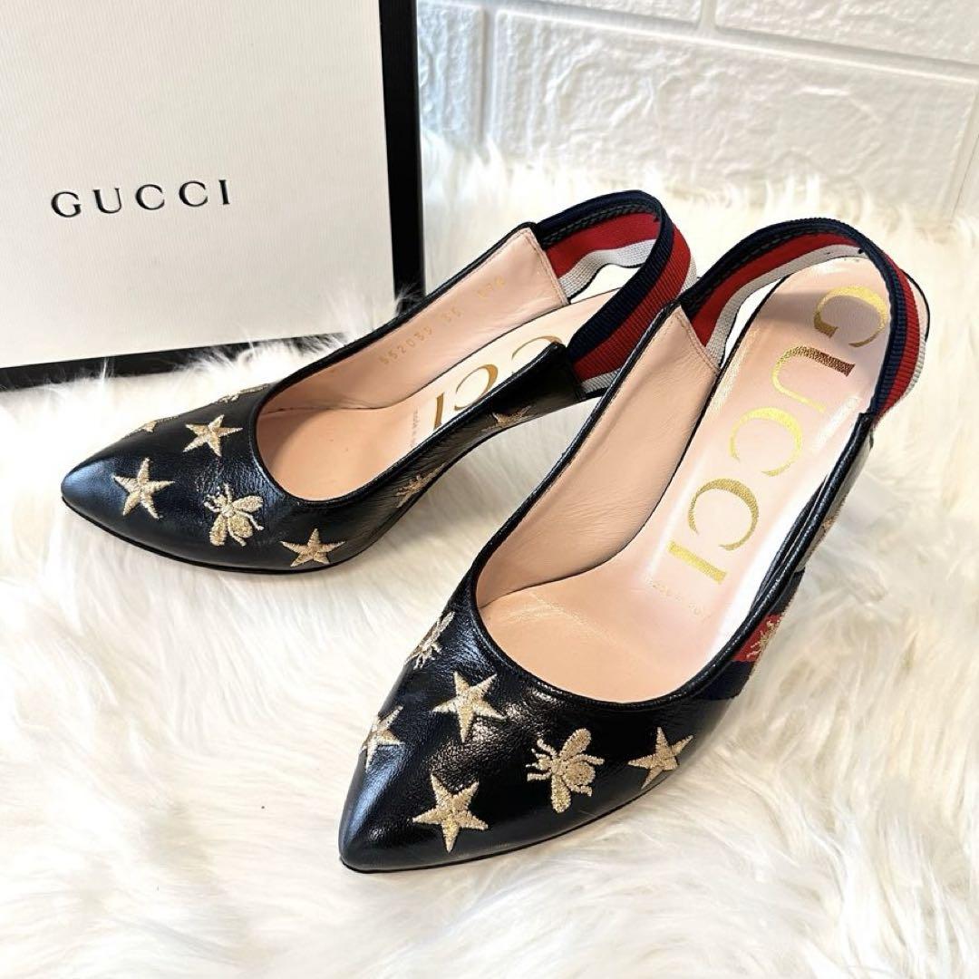 GUCCI スター柄×蜂モチーフ 刺繍 パンプス 未使用級✨希少 GUCCI Bee パンプス ヒール 蜂 星 スター 刺繍
