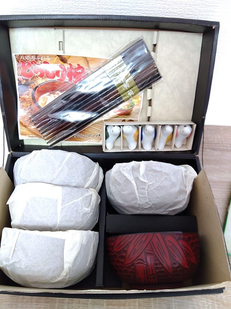 新品未使用鎌倉彫り風どっしり椀お椀箸箸置き5客セットうどん丼物